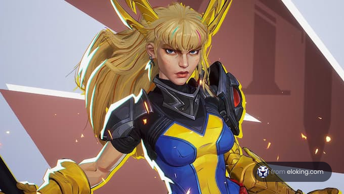 An epic gaming character wearing a blue and yellow outfit with dynamic features.