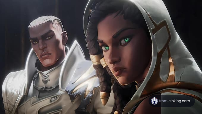 Epic gaming characters pose dramatically in a heroic duo.