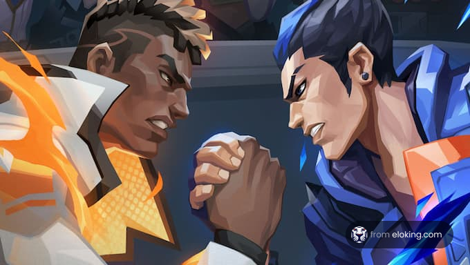 An intense arm wrestling competition between two strong characters.