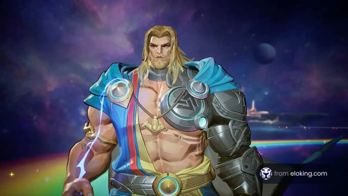 Epic Thor character art with a cosmic background
