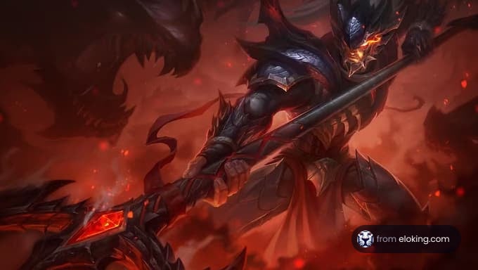 An epic warrior battle illustration with dark and fiery elements.