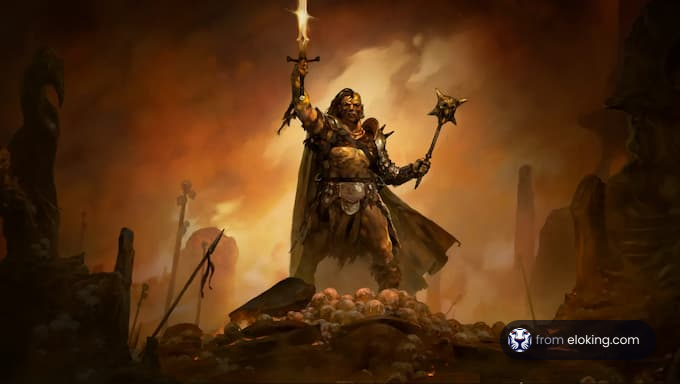 An epic warrior stands in victory, holding a sword amidst a dramatic background.