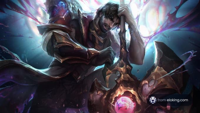An epic warrior wielding a magical weapon in a mystical setting