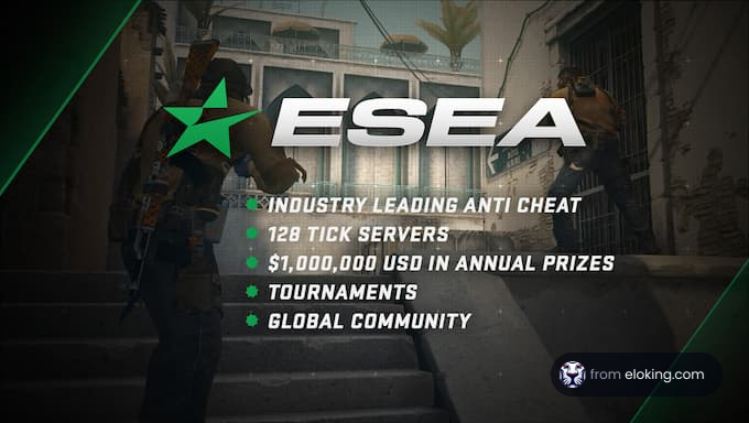 ESEA gaming community advertisement featuring anti-cheat logo and highlights of server quality and prize money