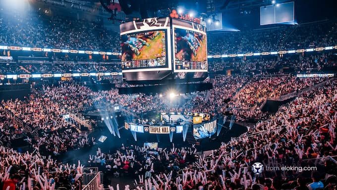 A lively esports arena filled with cheering fans during a championship event.