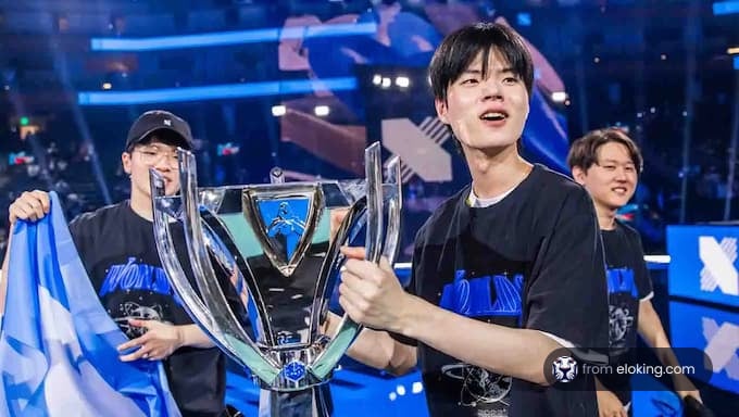 Esports champion holding a trophy with joy at a gaming tournament