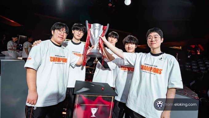 Esports team celebrating their championship win with a trophy