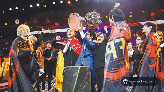 Esports team celebrating victory with trophy on stage