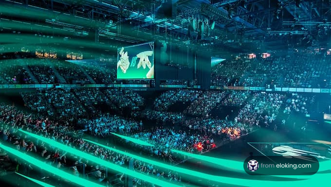 A lively esports event with a large audience and vibrant lighting in a stadium