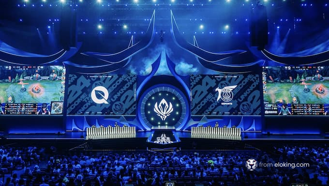 A vibrant esports event featuring competitive gaming on large screens.