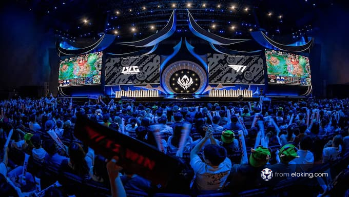 An exciting esports event with a cheering crowd and a vibrant stage.