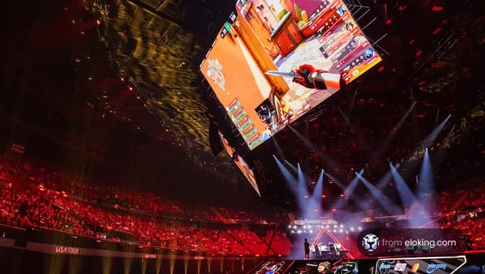 A vibrant esports event showcasing intense gameplay on a large screen with a cheering crowd.