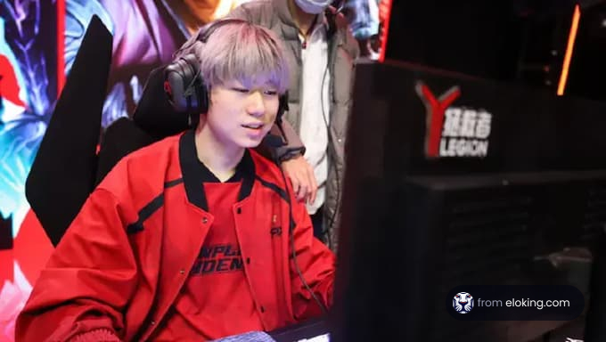 A young gamer playing a video game in an esports setting.