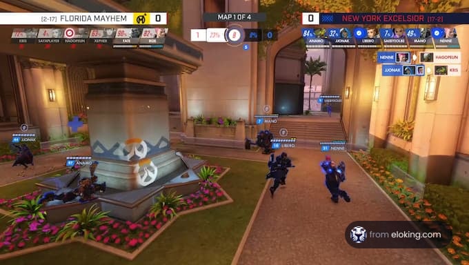 Screenshot of an esports match between Florida Mayhem and New York Excelsior in a video game