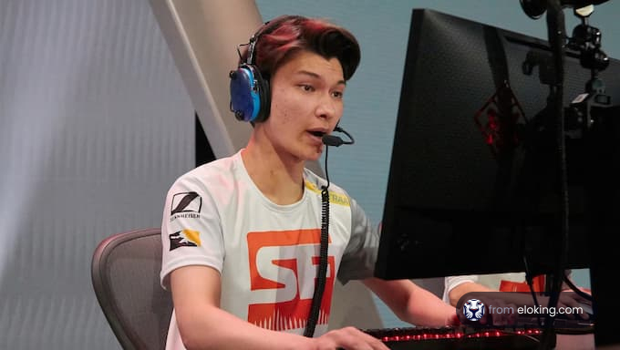 An esports player engaged in game action with a focused expression.