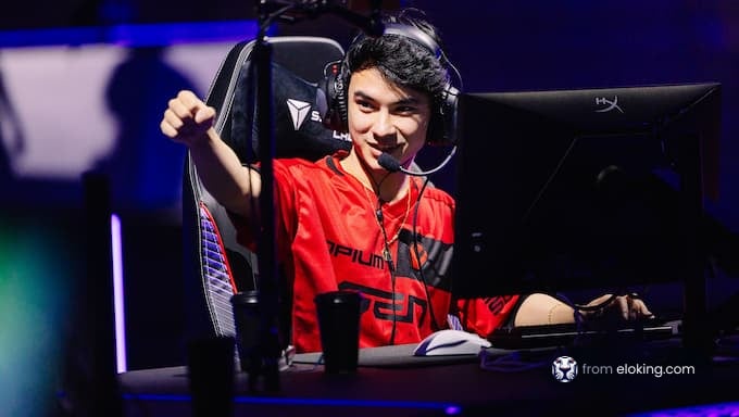 An esports player celebrating during a gaming tournament.