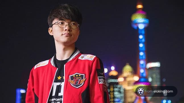Esports player in a red jersey with city night lights in the background