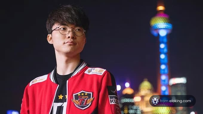 Esports player in red jersey with illuminated city backdrop