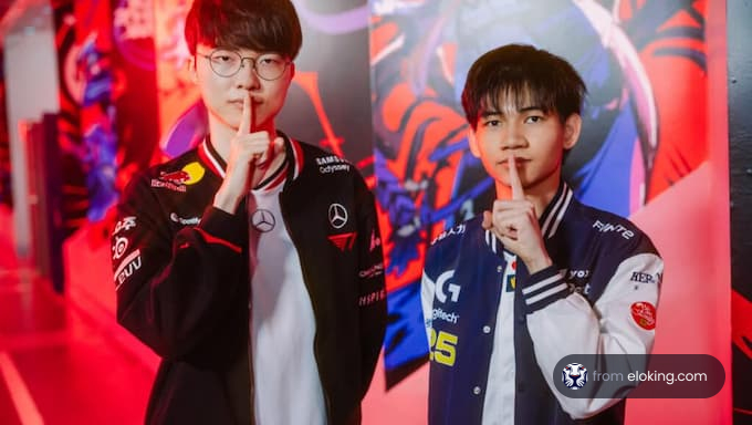 Two esports players making a shushing gesture at a gaming event.