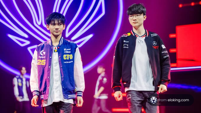 Two esports players walking on stage during a gaming event.