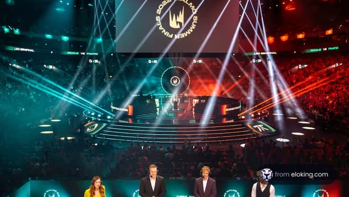 An exciting esports summer finals event with vibrant lights and a cheering crowd.