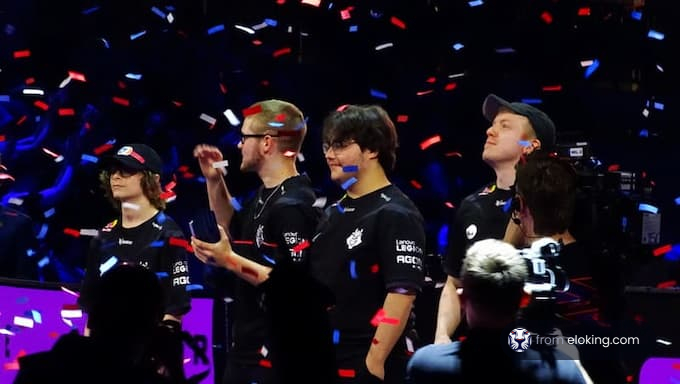 Esports team celebrating victory at a gaming tournament with confetti