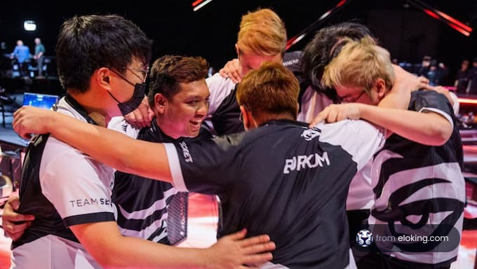 Esports team celebrating their victory with a group hug