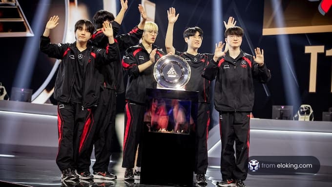A team of esports players celebrating their victory with a trophy.