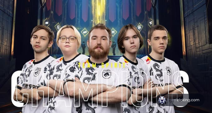 E-sports team dressed in white jerseys posing as champions with trophies in the background