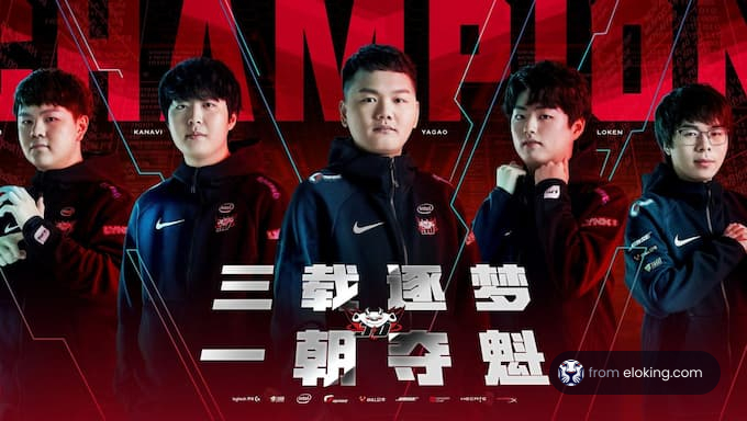 Esports team champions with intense expressions standing against a red background