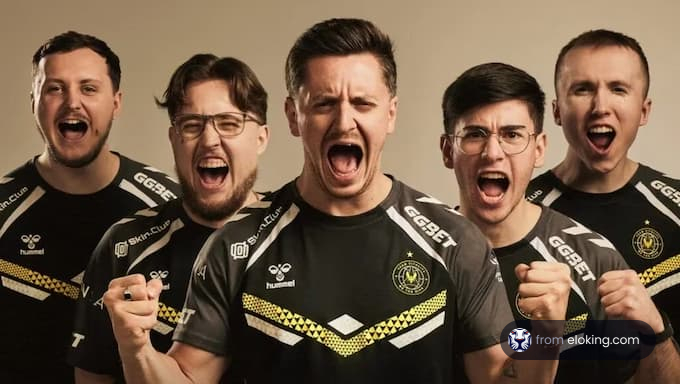 A group of enthusiastic esports players cheering together