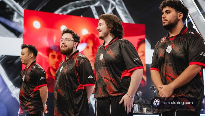 An esports team participating in a competition on stage.