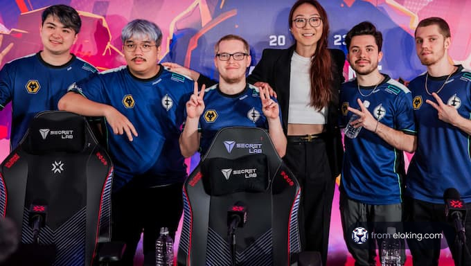 Esports team posing with a female manager at gaming event