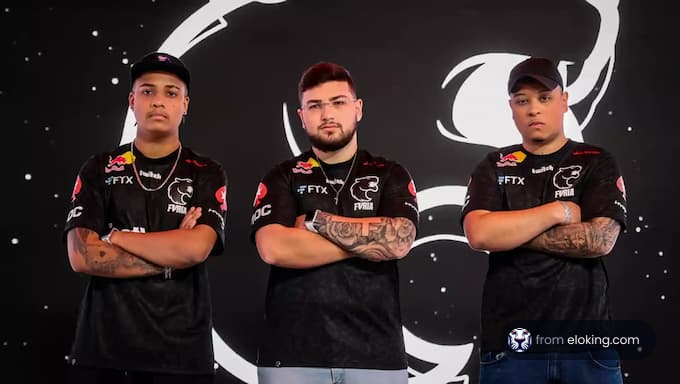 Three esports players posing confidently with a team logo in the background