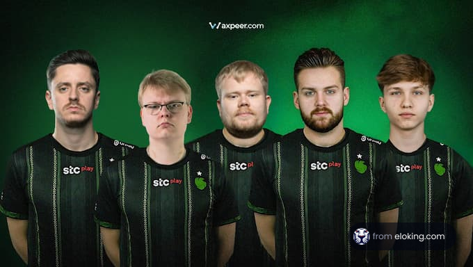 A group of five eSports players in matching jerseys with a green background.