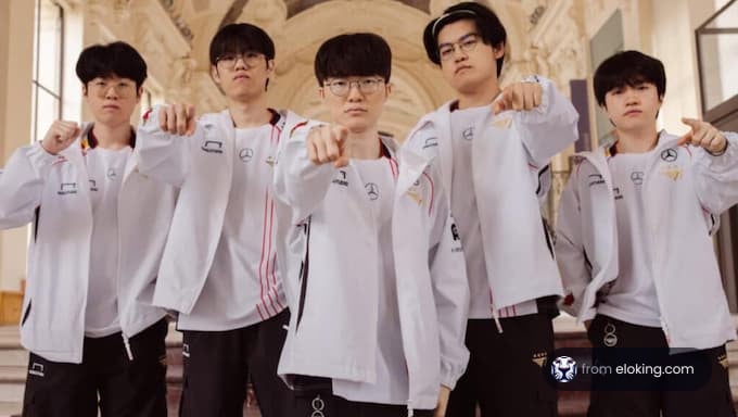 A group of five esports players posing confidently together.