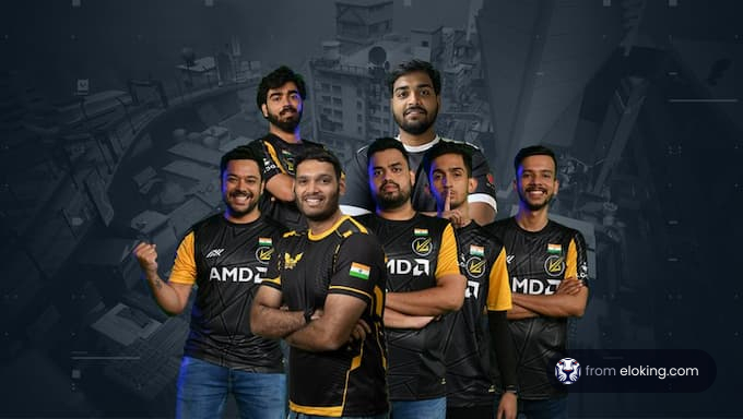 Esports team posing confidently with logo