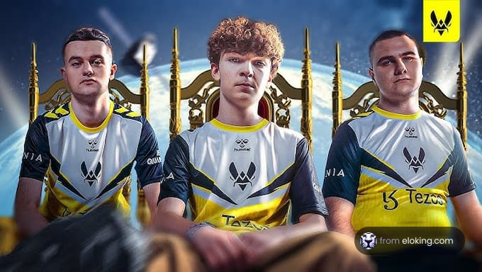 Three esports players wearing team jerseys posing confidently with a golden throne background