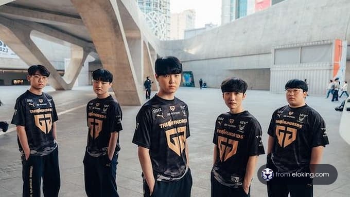 Esports team dressed in black uniforms standing confidently in an urban setting