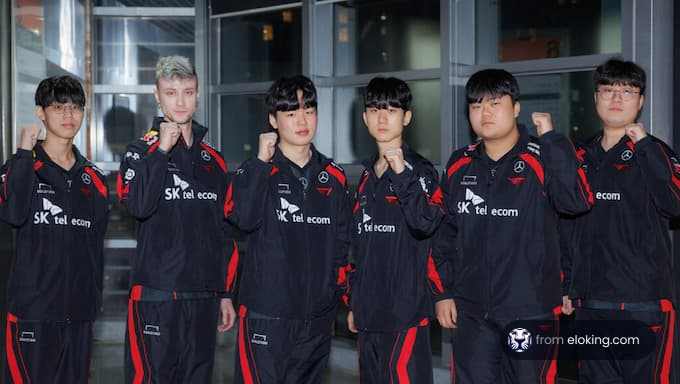 Esports team members in uniform posing with a salute