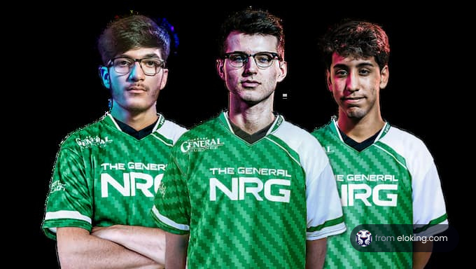 Three esports players from team NRG wearing green jerseys