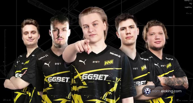 Professional eSports team in black and yellow jerseys pointing at camera