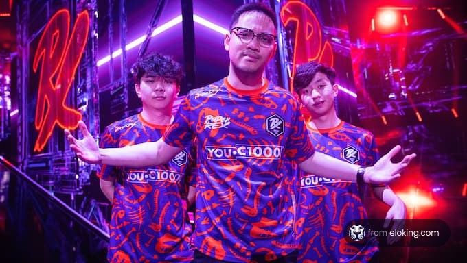An esports team posing confidently at a gaming event.