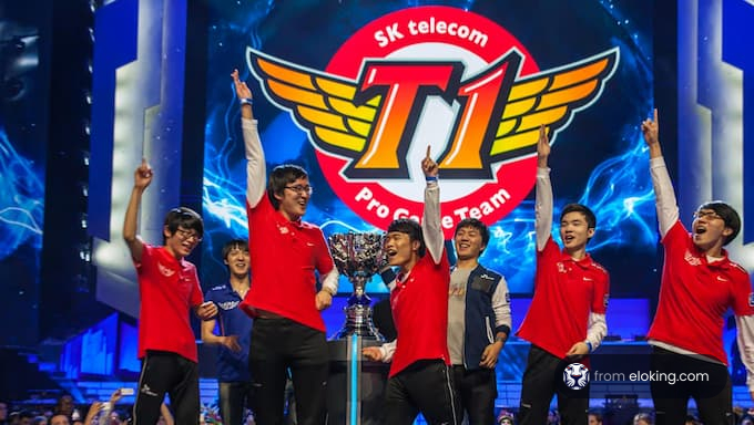 Esports team celebrating victory with trophy