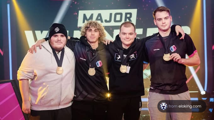 Esports team with medals standing on stage