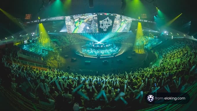 A vibrant esports tournament crowd cheering with excitement.