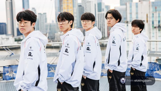 A group of esports players standing together in hoodies.