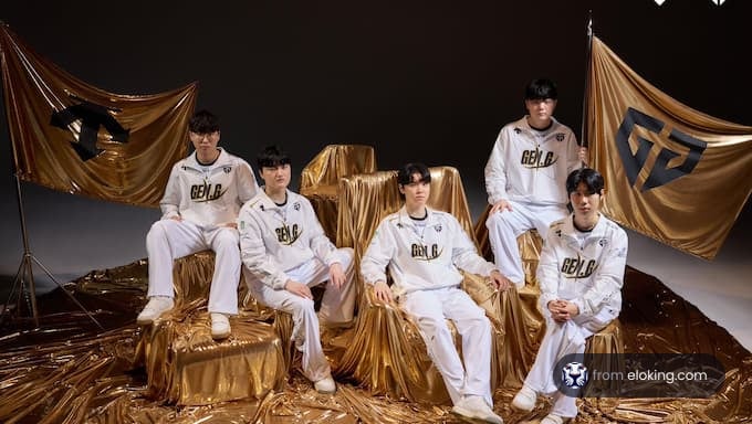 Esports team posing on a golden background