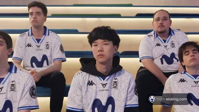 A esports team sitting on stage waiting.