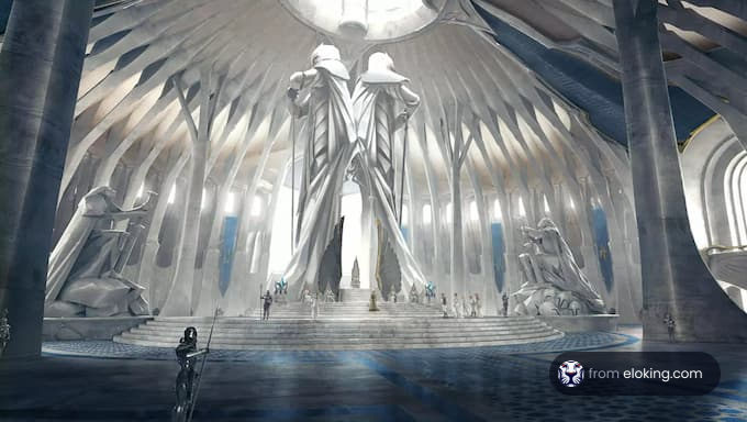 A stunning view of an ethereal hall adorned with impressive statues.